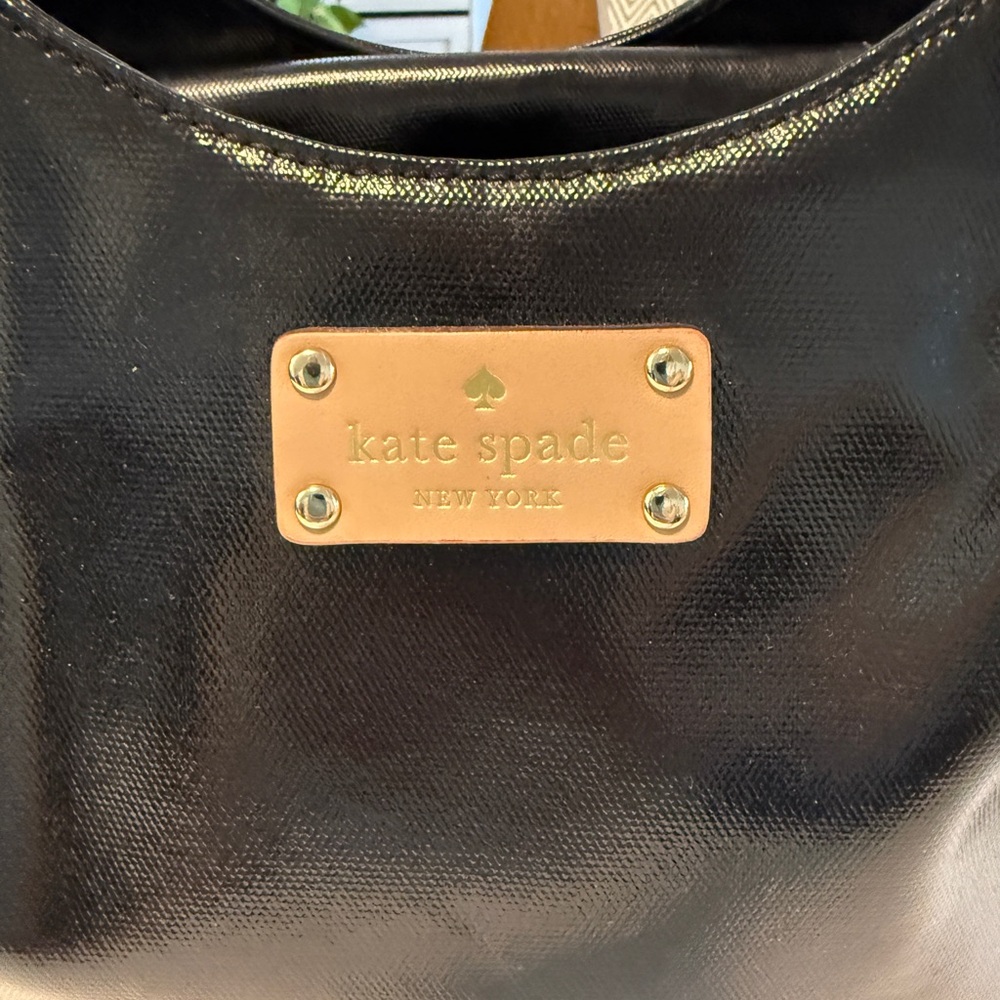 Kate Spade Elegant Black Purse with taupe handle wrapped polka dot interior